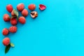 Lychee frame. Exotic asian fruits on blue background top-down copy space Royalty Free Stock Photo