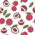 Lychee fruit hand draw graphic color seamless pattern. Continuous line hand drawn vector illustration.