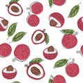 Lychee fruit hand draw graphic color seamless pattern. Continuous line hand drawn.