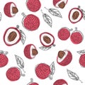 Lychee fruit hand draw graphic color seamless pattern. Continuous line hand drawn illustration