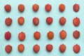Lychee fruits lie in rows on a turquoise blue background Royalty Free Stock Photo