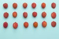 Lychee fruits lie in rows on a turquoise blue background Royalty Free Stock Photo