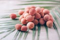 Lychee fruits with palm leaves on rattan background. Copy space. Exotic litchi, lichee fruits. Tropical food concept