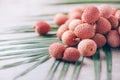 Lychee fruits with palm leaves on rattan background. Copy space. Exotic litchi, lichee fruits. Tropical food concept