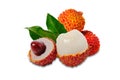 Lychee with leaves isolated on white background. Tropical fruit Royalty Free Stock Photo