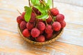 lychees on basket, fresh ripe lychee fruit tropical fruit peeled lychees slice in Thailand Royalty Free Stock Photo