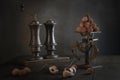 Lychees are on scales. Old scales.Still life with lychee fruit. Vintage wooden large appliances for salt and pepper. Royalty Free Stock Photo