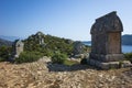 Lycian rock tombs, Glorious rock sarcophagus at ancient Lycian necropolis on hill in Simena, Turkey Royalty Free Stock Photo