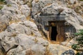 Lycian rock tombs of the necropolis in Demre, the ancient city of Myra, one of the main centers of Lycia Royalty Free Stock Photo