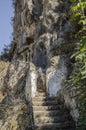 Lycian tombs in the rocks above Fethiye, Turkey, in the foreground the staircase leading to the graves