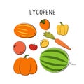 Lycopene-containing food. Groups of healthy products containing vitamins and minerals. Set of fruits, vegetables, meats