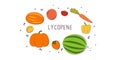 Lycopene-containing food. Groups of healthy products containing vitamins and minerals. Set of fruits, vegetables, meats