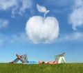 Lying couple on grass and dream apple collage Royalty Free Stock Photo