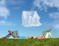 Lying couple on grass and dream house collage Royalty Free Stock Photo