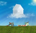 Lying couple on grass and dream house collage Royalty Free Stock Photo