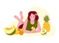 Lying girl with a glass of cocktail, lemonade, juice, surrounded by fruits. Vector illustration in flat cartoon style Royalty Free Stock Photo