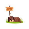 Lying homeless dog with a poster Adopt me. Dont buy - help the homeless animals find a home, sad puppy, pet adoption -