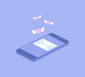 Lying isometric smartphone with an envelope on the screen and flying winged hearts above it. A love letter or message Royalty Free Stock Photo