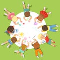 Lying little children painting on a big round paper. Cartoon detailed colorful Illustration