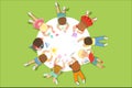 Lying little children painting on a big round paper. Cartoon detailed colorful Illustration