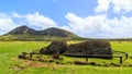 Lying moai statues in the Rano Raraku Volcano in Easter Island, Rapa Nui National Park, Chile Royalty Free Stock Photo