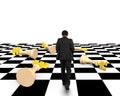 Lying money chess with businessman walking Royalty Free Stock Photo