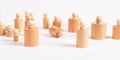 Lying Montessori cylinder among standing ones. Weak person, object among strong ones concept. Wooden childish game
