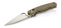 Lying open folding pocket knife with matte blade and dark green composite plastic cover plates on steel handle isolated on white