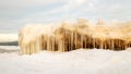 lying pieces of ice on the seashore, icicles of different sizes, textures of sand and ice in the dunes Royalty Free Stock Photo