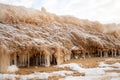 lying pieces of ice on the seashore, icicles of different sizes, textures of sand and ice in the dunes Royalty Free Stock Photo