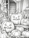 Lying pumpkins and jack-o-lantern in the barn, Halloween black and white picture coloring book