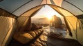 lying in a tent with the view of mountains and sunrise