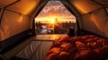 lying in a tent with the view of mountains and sunrise