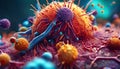 Lymphocytes cell in the immune system reacting and attacking a spreading cancer cell - illustration