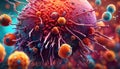 Lymphocytes cell in the immune system reacting and attacking a spreading cancer cell - illustration