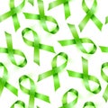 Lymphoma cancer green ribbon isolated on white background. Seamless pattern.