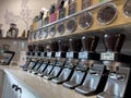 Lynnwood, WA USA - circa January 2023: Angled view of an assortment of coffee beans for sale inside a Seattle Coffee Gear shop