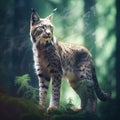 Lynx in green forest. Wildlife scene from nature. Walking Eurasian lynx animal behaviour in habitat. Wild cat from Germany