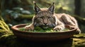Serene Eurasian Lynx Relaxing in Mossy Forest Bowl Royalty Free Stock Photo