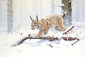 a lynx sneaking on its prey in a snowy setting Royalty Free Stock Photo