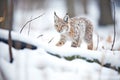 lynx stalking prey in a snow-laden glade