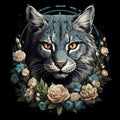 the lynx is surrounded by flowers on a black background Royalty Free Stock Photo