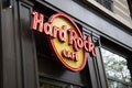 Hard Rock Cafe International logo brand and text sign chain of theme restaurant signboard