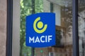 Macif logo sign text and brand signage facade of agency French mutual insurance and bank company