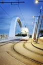 Lyon city and tramway on the confluences bridge Royalty Free Stock Photo