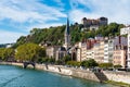 Lyon cityscape from Saone river with colorful houses and river, France, Europe Royalty Free Stock Photo