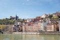 Lyon cityscape from Saone river. Old Lyon and Fourviere basilica Royalty Free Stock Photo