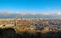 Lyon, France : Aerial view of the city wide panorama with landmarks surrounded by red rooftops and chimneys Royalty Free Stock Photo