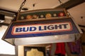 bud light brand logo and text sign on light billiards of American Budweiser us beer poolroom