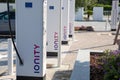 Ionity logo brand and text sign on charger station point of vehicle electric car ev charging point